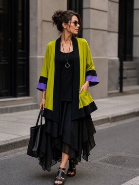 Anya 100% Silk Kimono Open Cardigan Jacket Colorblock Lagenlook Size Large